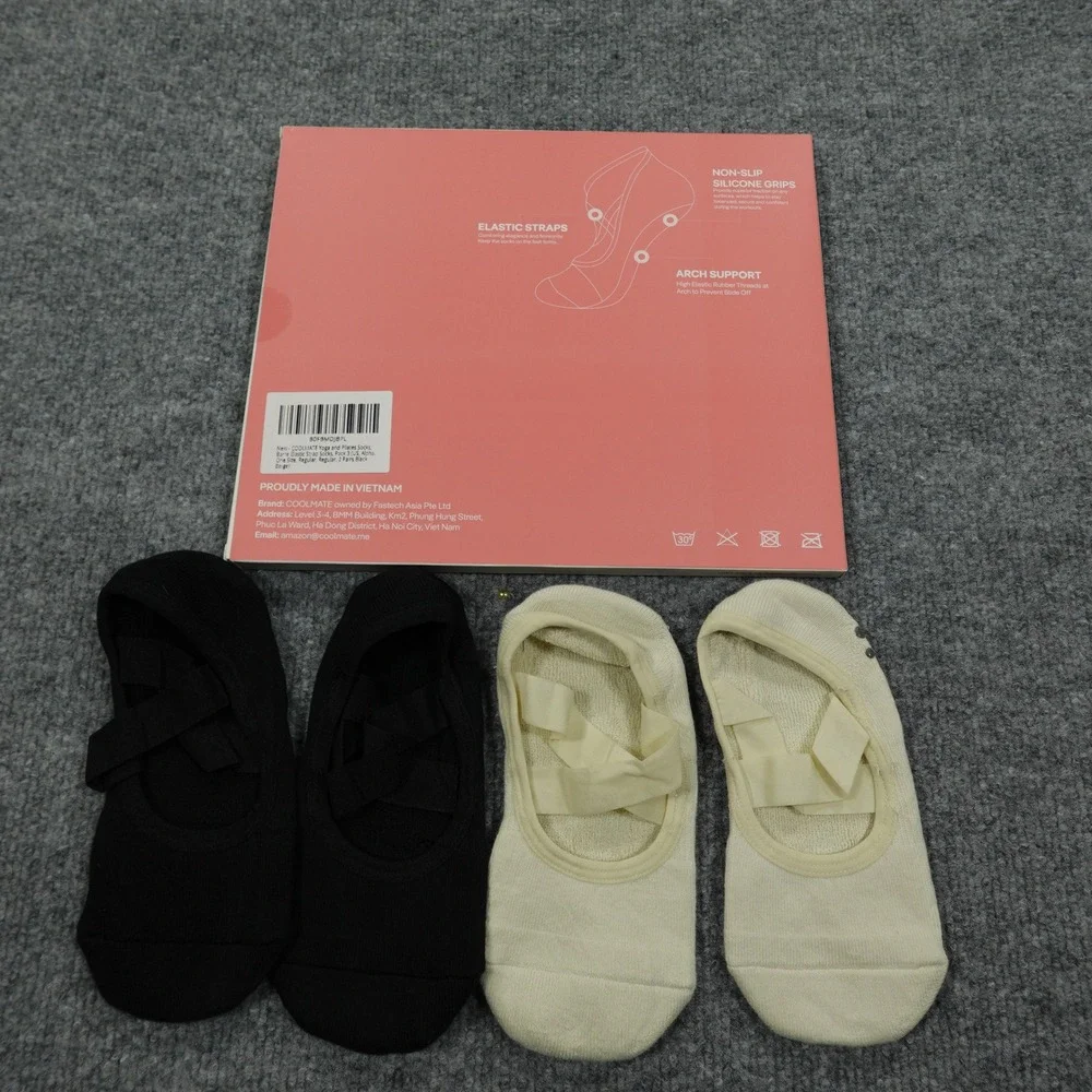 Coolmate Socks Yoga Womens 6-10 Black Beige Barre Elastic Non-Slip Grip 2 Pair